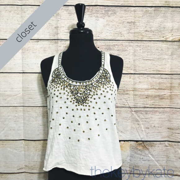 Free People Tops - Free People Gold + Ivory Embellished Tank Top
